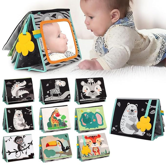TINITIGIES Tummy Time Mirror for Babies 0-6 Months | High Contrast Black & White Baby Book with Silicone Teether & Crinkle Pages | Sensory Newborn Tummy Time Toys