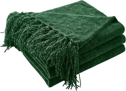CozeCube Chenille Throw Blanket, Christmas Green Fringe Blanket, 60"X80" | For Couch, Cozy Plush Fuzzy Decorative Blanket with Fringe Tassels, Lightweight Throws for Bed Sofa Gift Home Decor