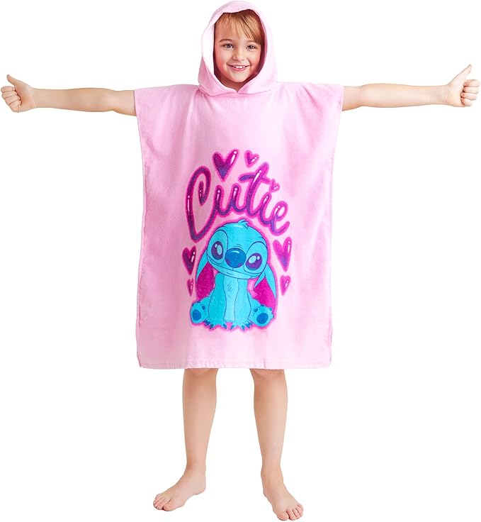Disney Stitch Bath Towel with Hood for Kids Teenagers Absorbent Cozy Poncho Hooded Beach Towel Wrap for Beach Pool Swimming Bath Vacation Essentials (Pink Stitch, 6-9 Years)