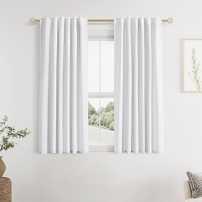 Guken White 100% Blackout Linen Curtains 40 Inch Wide by 45 Inch 2 Panels Set for Living Room Bedroom Back Tab Thermal Insulated Black Out Linen Drapes