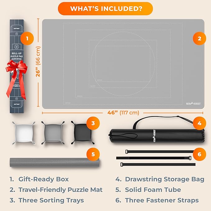 The Original Newverest Jigsaw Puzzle Mat Roll Up, Silver, 46” x 26” Portable Keeper Up to 1500 Pieces with Non-Slip Rubber Bottom & Smooth Top + 3 Puzzle Sorting Trays & Travel-Friendly Storage Bag
