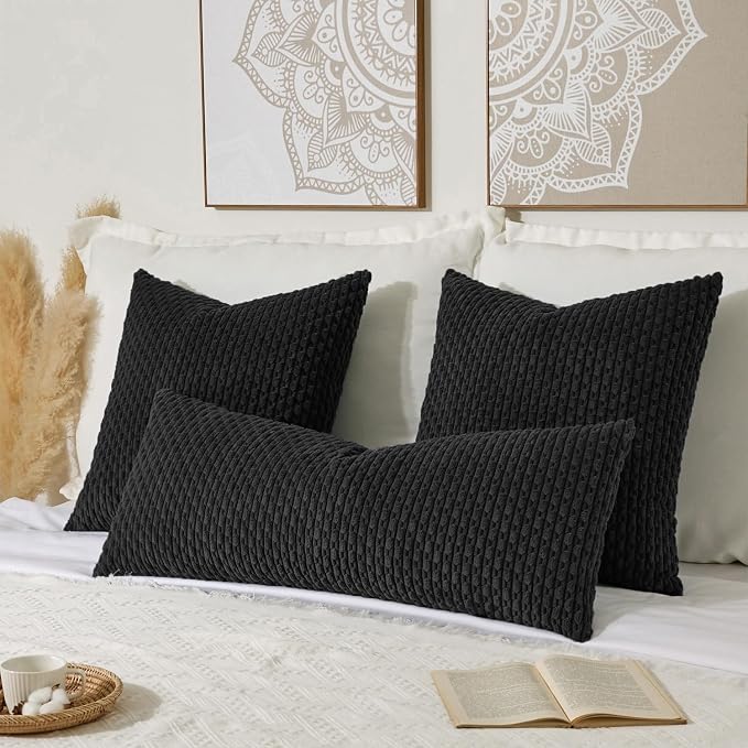 Kevin Textile Soft Corduroy 20"x54" Body Pillow Cover 1 Pack, Black | Boho Stripe Plush Corduroy Decorative Oblong Cushion Cover Modern Farmhouse Home Decor for Sofa Couch Bed Chair