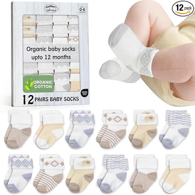 Mother's Choice Organic Cotton Baby Socks Infant 0-6 Months - 12 pairs Soft, Cozy, and Gentle Newborn Socks for Girls & Boys, Perfect Baby Registry for Everyday Wear, and Infant Comfort