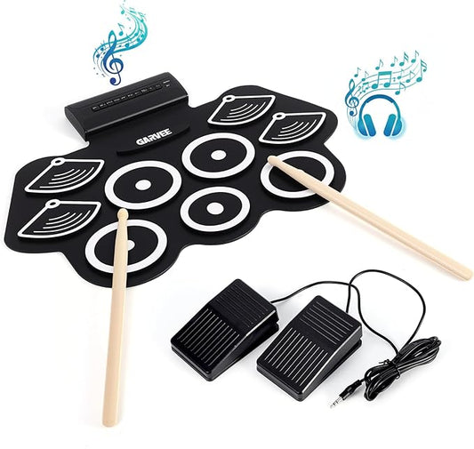 9 Pads Bluetooth Electric Drum Set, Portable Roll Up Electronic Drum Pad with Headphone Jack, Pedals & Sticks, Recording Function, Great Holiday Xmas Birthday Gift for Kids