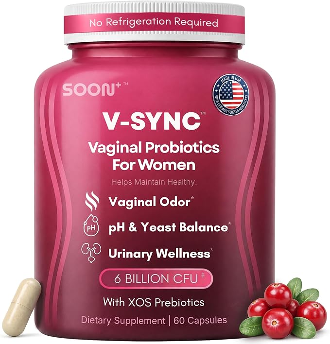 SOON+ Vaginal Probiotics for Women, V-Sync Vaginal Probiotic with Lactobacillus, Cranberry & Prebiotics, Support pH Balance for Women, Urinary Health Digestive Support, 6 Billion CFU, 60 Capsules
