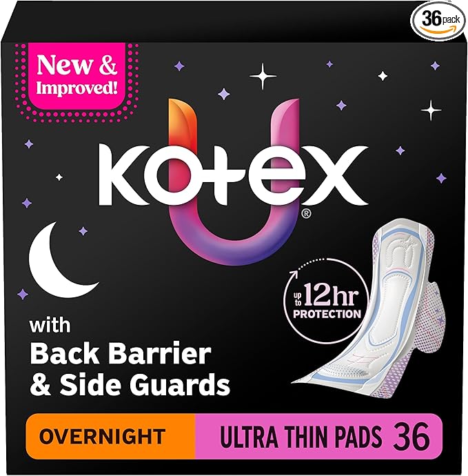 Kotex Ultra Thin Overnight Pads with Wings, Heavy Absorbency, 36 Count (Packaging May Vary)