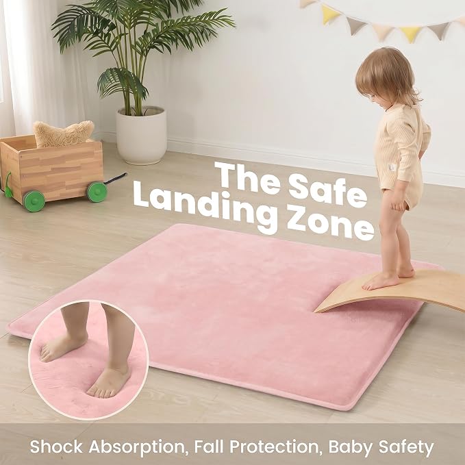 Huloo Sleep Baby Play Mat for Floor,1.3" Thick Elasti-Foam 50"×50" Playpen Mat for Tummy Time,Water Repellent Soft Coral Velvet for Toddler,Infant,Kids,Non-Slip Backing Safe for Crawling(Pink)