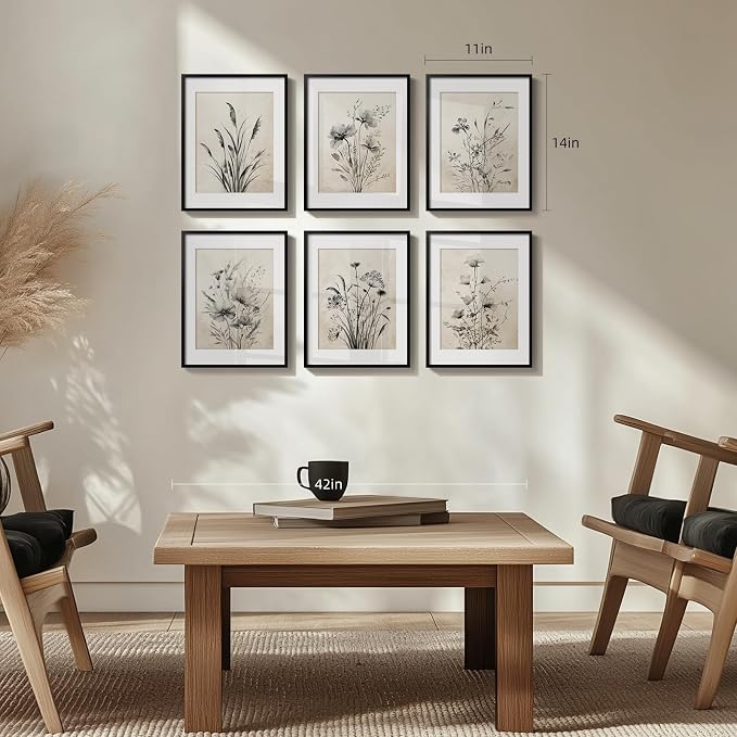 Framed Vintage Black and White Boho Botanical Wall Art, 6 Piece 11x14 In | Retro floral painting, Canvas prints with mat, Farmhouse neutral rustic flower artwork, Living room kitchen bedroom pictures