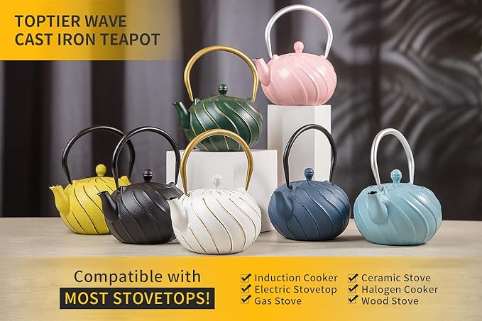 Tea Kettle, TOPTIER Japanese Cast Iron Teapot with Stainless Steel Infuser, Cast Iron Tea Kettle for Stove Top, Wave Design Teapot Coated with Enameled Interior for 30 Ounce (900 ml), Navy Blue