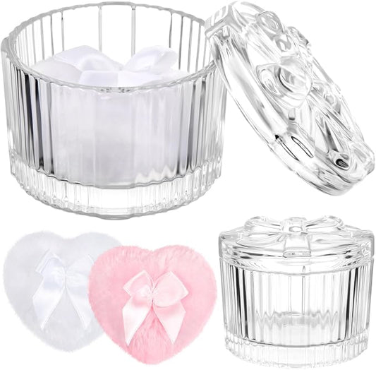 Tioncy 3 Pcs Large Body Powder Puff and Container Valentine's Day gift Powder Container with Puff Crystal Case Soft Washable Reusable Velour Face Body Glitter Wet Dry Makeup(Round Bow,Clear)
