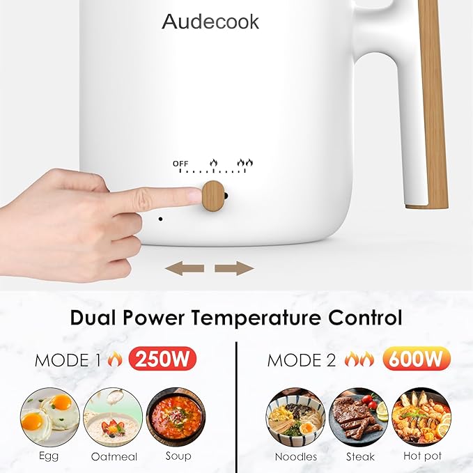 Audecook Hot Pot Electric with Steamer, 1.8L Portable Mini Travel Cooker, Multifunctional Non-Stick Electric Skillet for Stir Fry/Stew/Steam, Perfect for Ramen Noodles/Pasta/Egg/Soup/Oatmeal (White)