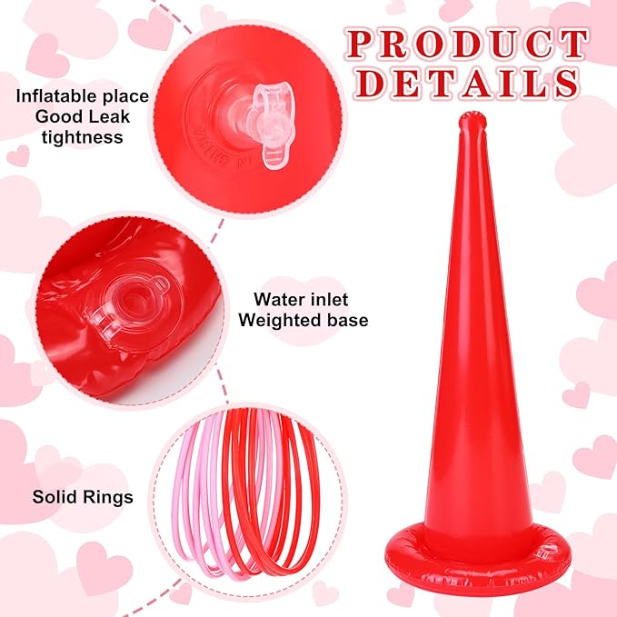 RoundFunny 16 Pcs Pink Ring Toss Game Set Wedding Party Games with Inflatable Ring Toss and Pump Indoor Outdoor Garden Game Supplies for Home Family Carnival Party Decorations
