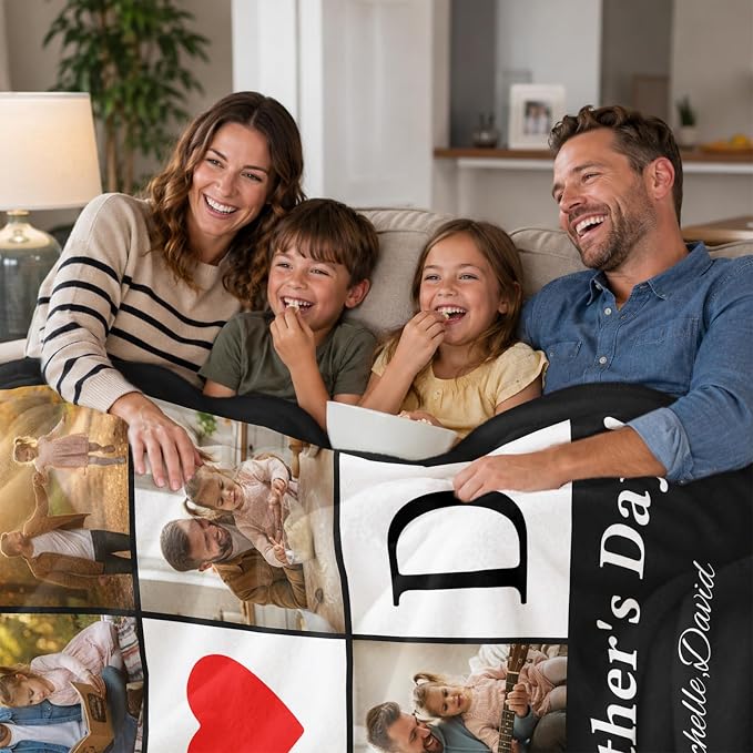Fathers Day Birthday Gift for Dad Custom Blanket with 6 Photo & Text, Personalized Blankets with Picture to My Dad, HD Printing Customized Flannel Throw Blanket Gifts for Best Daddy Grandpa Ever