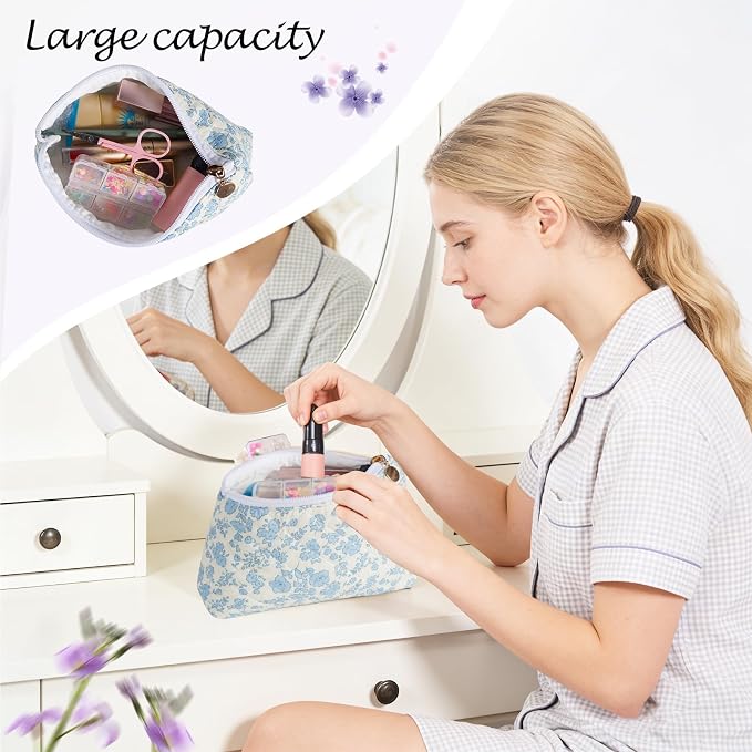 Quilted Cotton Makeup Bag, Coquette Quilted Toiletry Bag for Women and Girls, Floral Coquette Pouch, Cute Kawaii Travel Cosmetic Bags (Blue Floral)
