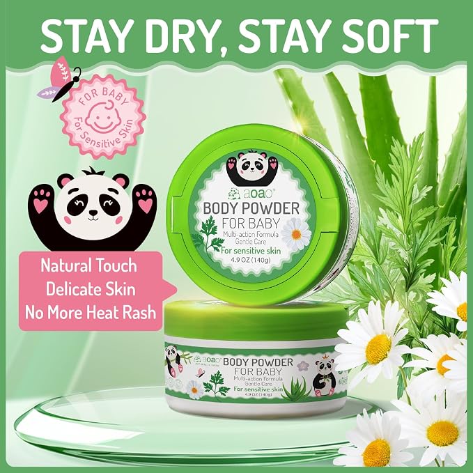 AOAO Baby Body Powder with Zinc Oxide, Talc-Free Natural Cornstarch & Lavender, Multi-Action Gentle Care for Sensitive Skin, Prevents Heat Rash & Keeps Cool & Dry, Newborn Essential & Family, 140g/5oz