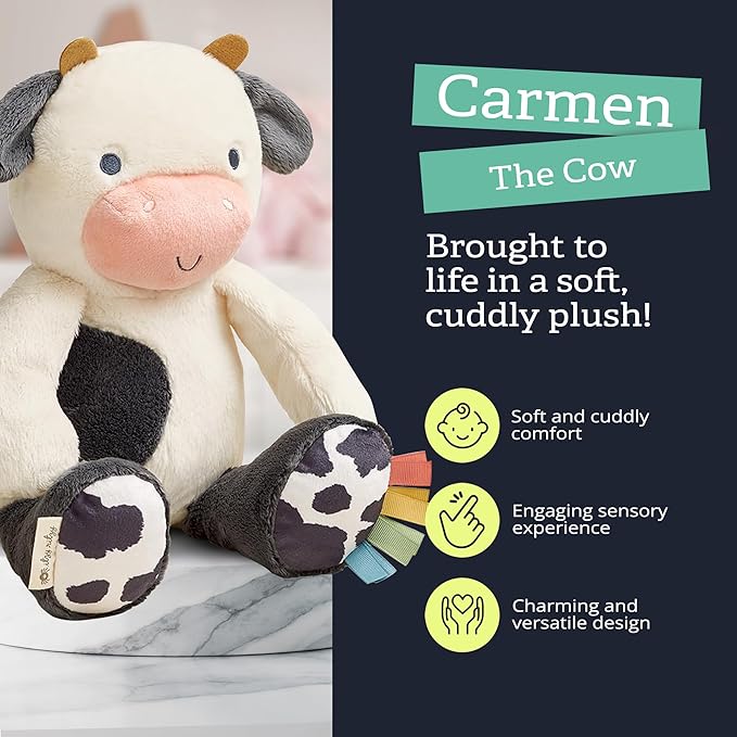 Itzy Ritzy Snuggles Plush Toy – Soft Stuffed Animal for Babies, Kids & Adults – Sensory Ribbons & Textured Fabrics for Tactile Play – Cozy & Cuddly Companion for Newborns & Up (Cow)