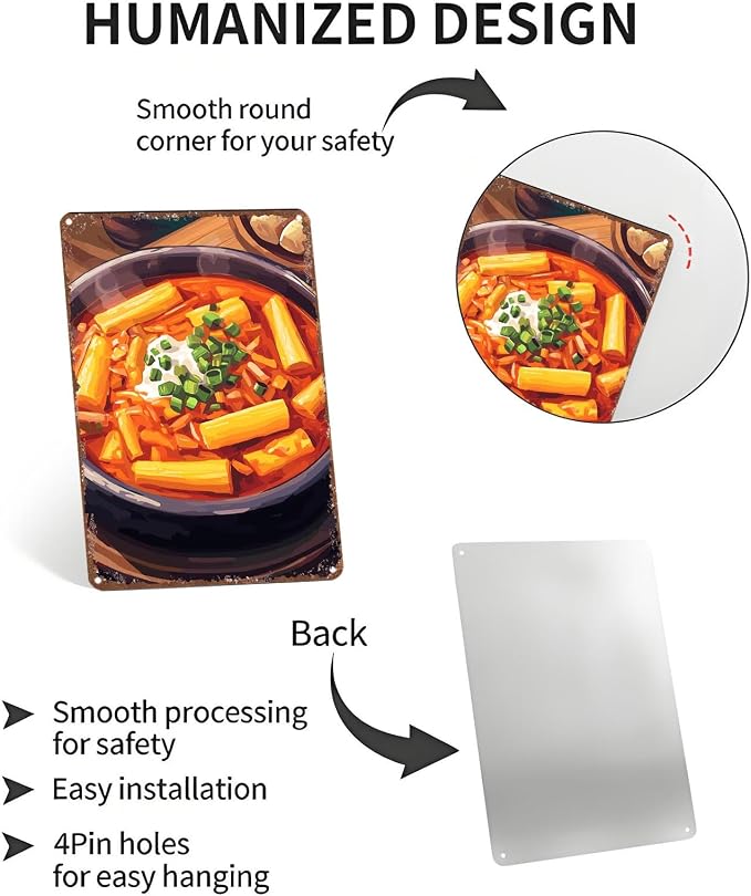 Spicy Tteokbokki Korean Rice Cake Pattern Retro Aluminum Metal Sign 12x8Inch Decorative Wall Art for Home Kitchen Restaurant Cafe Bar