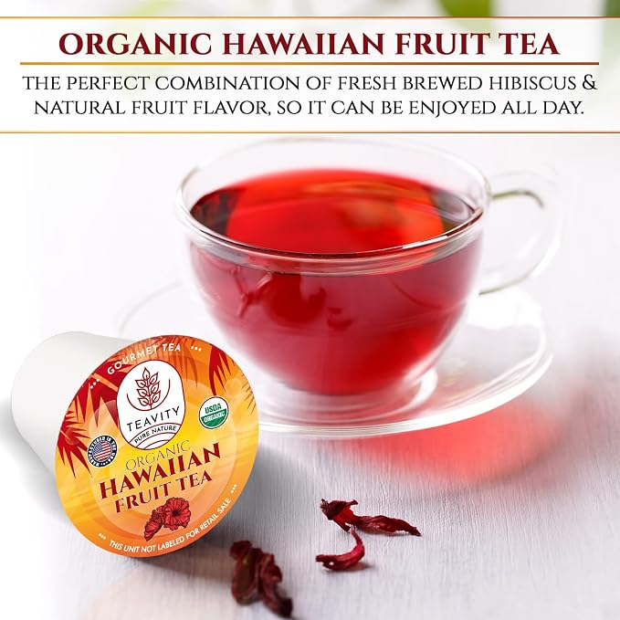 Organic Hibiscus Teapods with Peach, Mango, & Passionfruit - Naturally Decaffeinated Hawaiian Fruit Tea by Teavity (12 Tea Pods)