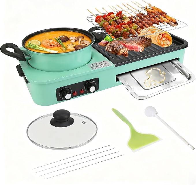 3 in 1 Electric Hot Pot with Grill Smokeless Non-Stick Pot and Griddle | Korean BBQ Grill Shabu Shabu Pot Divider Independent Dual Temperature Control for 3-5 People（1600W）