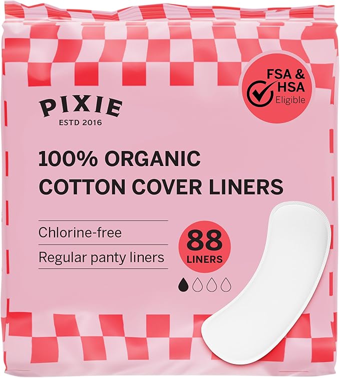 Pixie Organic Cotton Panty Liners for Women - Regular Wrapped Pantiliners - Light Absorbency & Ultra-Thin - Leak-Proof, Hypoallergenic & Unscented for Feminine Care - Compostable - 88 Count