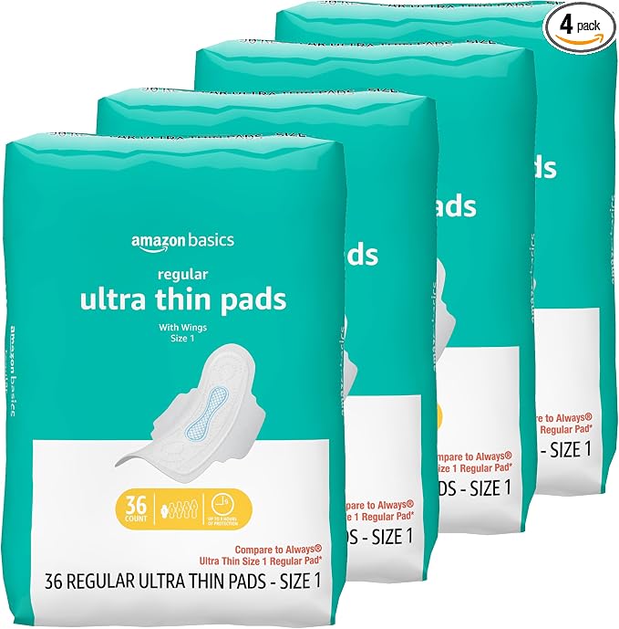 Amazon Basics Regular Absorbency Feminine Pads for Women, Ultra Thin with Flexi-Wings, Unscented, Size 1, Absorbent, 144 Count (4 Packs of 36) (Previously Solimo)