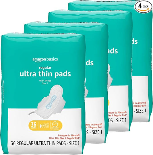 Amazon Basics Regular Absorbency Feminine Pads for Women, Ultra Thin with Flexi-Wings, Unscented, Size 1, Absorbent, 144 Count (4 Packs of 36) (Previously Solimo)