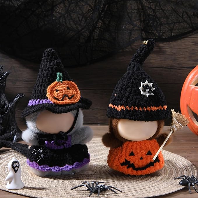 Sumind 2 Sets Halloween Doll Clothes for 17cm Dolls Cute Pumpkin Outfit with Witch Hat Skirt & Broom Accessories Spooky Costume for 6-7 Inch Fashion Dolls Collection(No Doll)