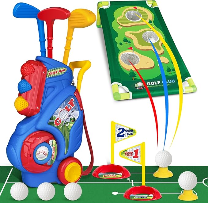 Toddler Golf Set for Boys Girls 2 3 4 5 Years Old, Upgraded Kids Golf Cart with Putting Mat & Cornhole Board, Outdoor Indoor Sports Toys, Blue