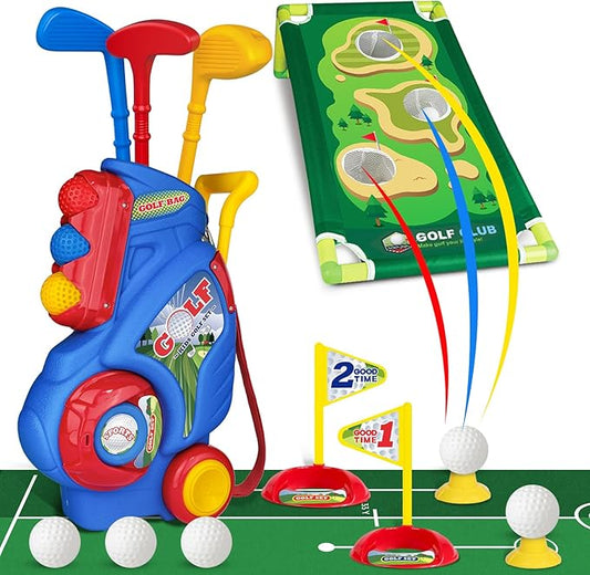 Toddler Golf Set for Boys Girls 2 3 4 5 Years Old, Upgraded Kids Golf Cart with Putting Mat & Cornhole Board, Outdoor Indoor Sports Toys, Blue