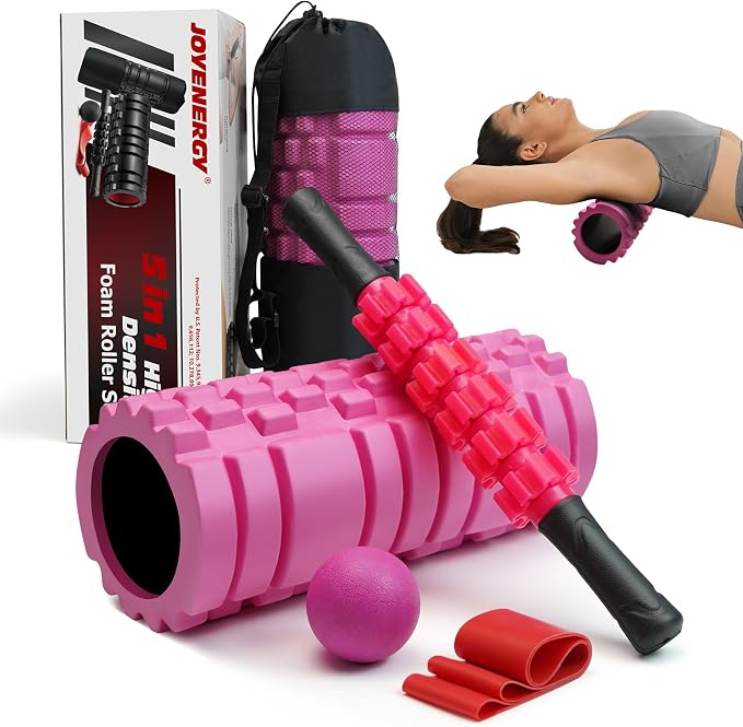 JOYENERGY 5 in 1 Foam Roller Set, Trigger Point Foam Roller Patented, Massage Stick, Massage Ball, Resistance Band for Deep Muscle Massage Pilates Yoga, Fitness Exercise for Whole Body
