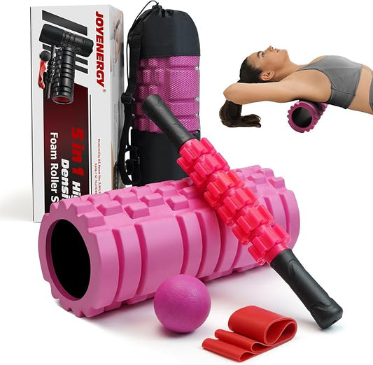JOYENERGY 5 in 1 Foam Roller Set, Trigger Point Foam Roller Patented, Massage Stick, Massage Ball, Resistance Band for Deep Muscle Massage Pilates Yoga, Fitness Exercise for Whole Body