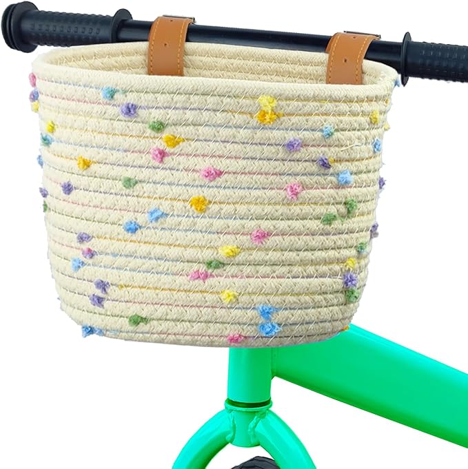 Kids Bike Basket for Boys and Girls, Children's Bicycle Basket Woven With Sisal Rope, Cute Decorative Accessories for Balance Bikes and Scooters