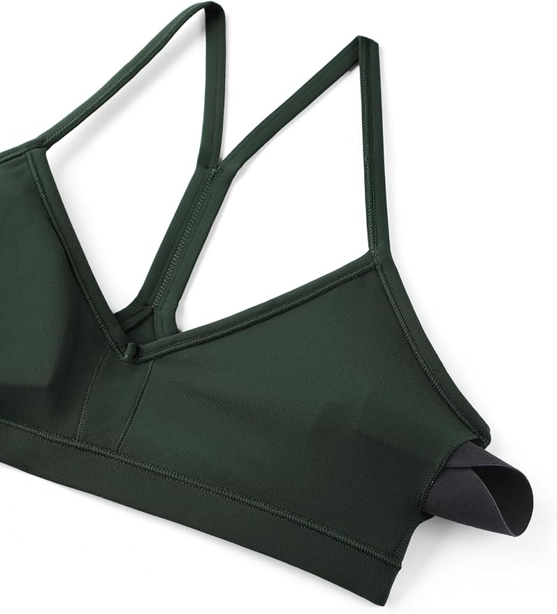 CRZ YOGA Butterluxe Ruched Sports Bras for Women - V Neck Spaghetti Thin Strap Y Back Wireless Padded Yoga Crop Top