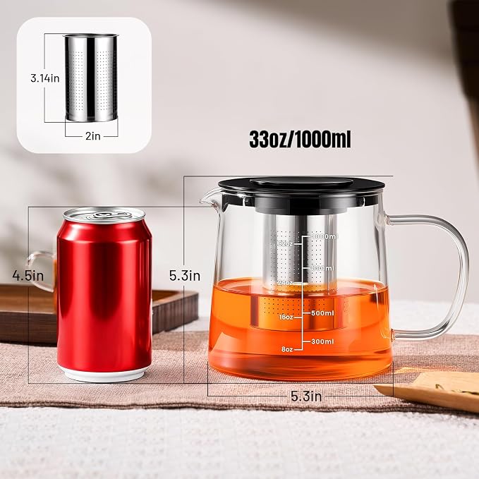 PARACITY Glass Teapot Stovetop 33OZ, Borosilicate Clear Tea Kettle with Removable 18/8 Stainless Steel Infuser, Teapot Blooming and Loose Leaf Tea Maker Tea Brewer (transparent-scale, 34oz)