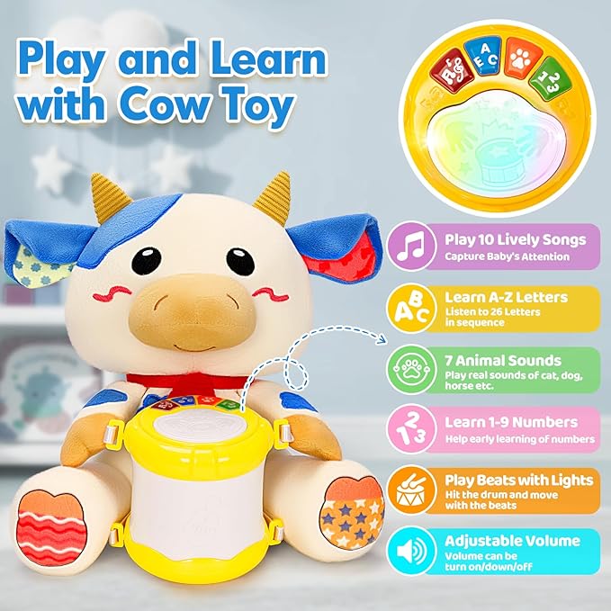 Baby Toys 6-12 Months, Cow Musical Plush with Lights, ABCs, Animal Sounds, Numbers, Infant Early Learning Toy,Christmas Birthday Gifts for 6+ Month Boys &Girls