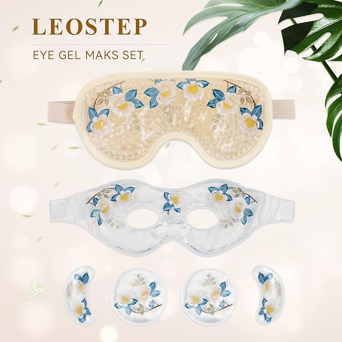 LEOSTEP 4 PCS Cooling Eye Mask Set - Ice Face Mask with Camellia Essential Oil, Cold Eye Compress and Reusable Gel Pads for Eyes Puffiness, Migraine Headache, Dark Circles, Dry Eyes