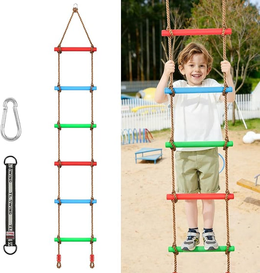 Climbing Rope Ladder for Kids, Wooden Ninja Tree Ladder Swing Set for Boys & Girls, Kids Ninja Warrior Obstacle Course Accessories for Tree House, Playground, Play Set
