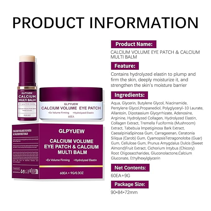 Calcium Multi Balm Stick & 60 Hydrogel Under Eye Patches (30 Pairs),Dual-Effect Eye Care Set for Deep Hydration & Smoothing Fine Lines,Gentle,Skin-Friendly (Pack of 1)