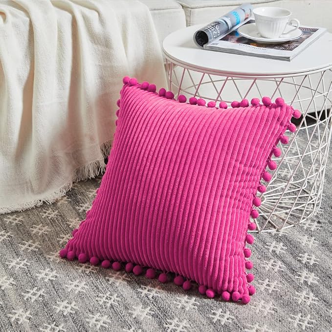 Fancy Homi Pack of 2 Corduroy Soft Decorative Throw Pillow Covers with Pom-poms, Solid Square Cushion Case Pillow Cases Set for Couch Sofa Bedroom Car Living Room (20"x20", Hot Pink)