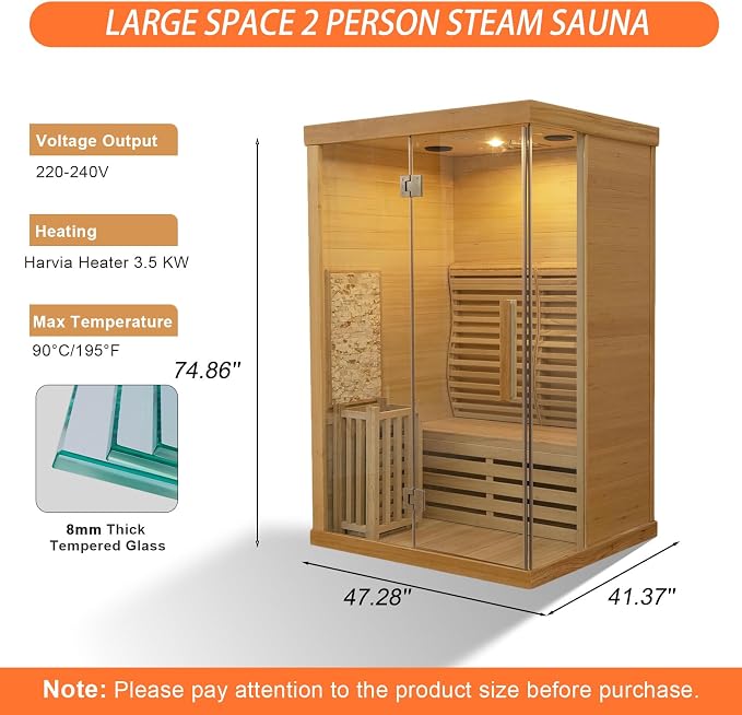 Smartmak Wood Home Traditional Steam Sauna, WiFi Control 2 Person Luxurious Indoor Canadian Hemlock Wooden Spa Room, with 3.5 kw Heater, Backrest, Bluetooth Speaker, Rock, Water Bucket, Spoon, Light