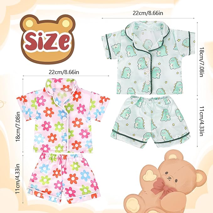 2 Sets Bear Clothes Stuffed Animal Accessories Pink and Blue Bear Clothes Double Layer Muslin Short Sleeve Top and Bottom Fits Most 14-18 Inch
