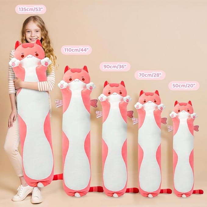 Long Cat Plush 5 Sizes, 120% Extra Filling Giant Plushness Kids Body Pillow, Kawaii Cute Pink Cat Stuffed Animals Plushies, Big Long Body Pillow Cat Plush Gift for Girls 36”