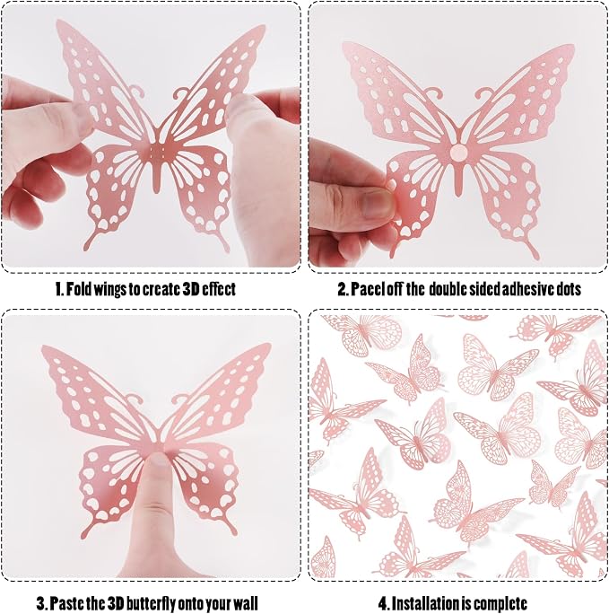 SAOROPEB 3D Butterfly Wall Decor 48 Pcs Pink Butterfly Decorations | 4 Styles 3 Sizes, Birthday Decorations Pink Room Decor Butterfly Party Decorations Cake Decorations, Removable Wall Stickers
