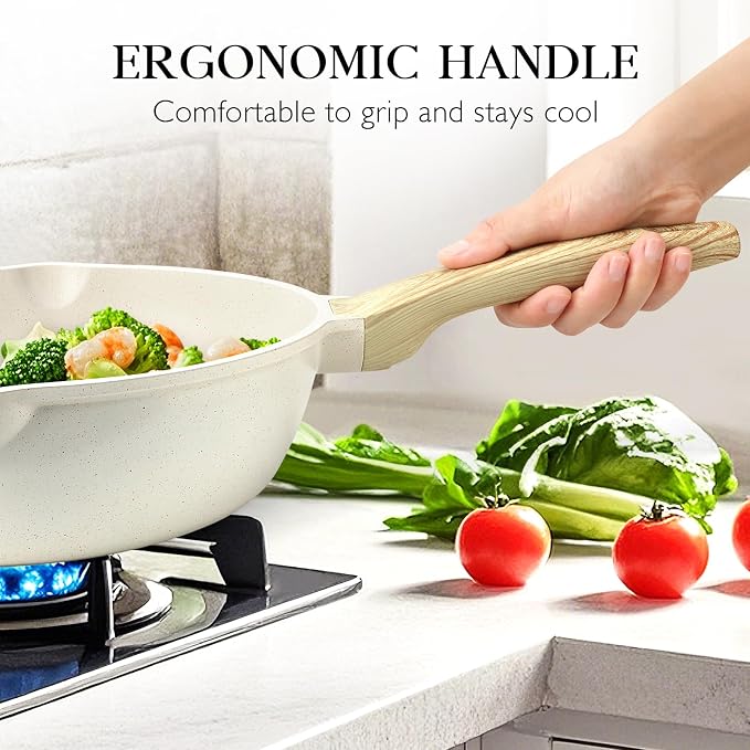 GiPP Nonstick Deep Frying Pan Skillet, 9.5" Saute Pan with Lid, Granite Induction Cookware Non Stick Cooking Pan, PFOA PFOS APEO Free, White