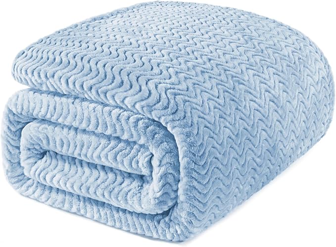 Exclusivo Mezcla Soft Fleece Blanket Twin Size for Bed, Sofa, Light Blue | 90"x66" Breathable Lightweight Flannel Blanket for Summer, Plush Cozy Jacquard Wave for Home Decor