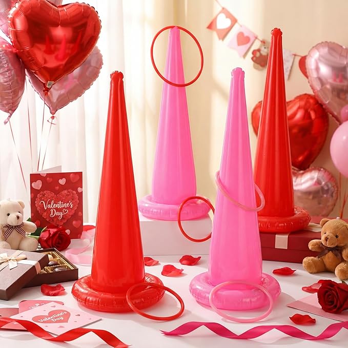 RoundFunny 16 Pcs Pink Ring Toss Game Set Wedding Party Games with Inflatable Ring Toss and Pump Indoor Outdoor Garden Game Supplies for Home Family Carnival Party Decorations