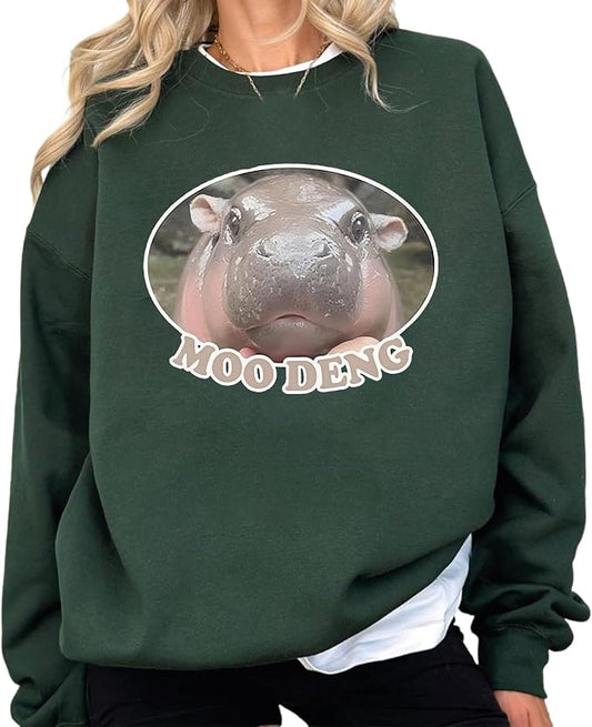 YOUNG GREEN Moo Deng Sweatshirt Moo Deng Bouncy Pig T-Shirt The Cute Baby Hippo Sweatshirt Gift For Moo Deng Lovers