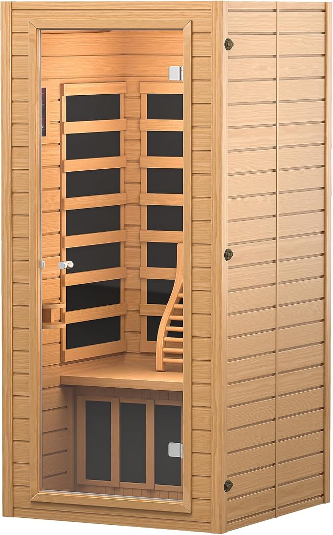 Infrared Sauna Room for Home, Near Zero EMF Wooden 1 Person Indoor Home Sauna with Bluetooth, LCD Control Panel, Chromo Therapy Light