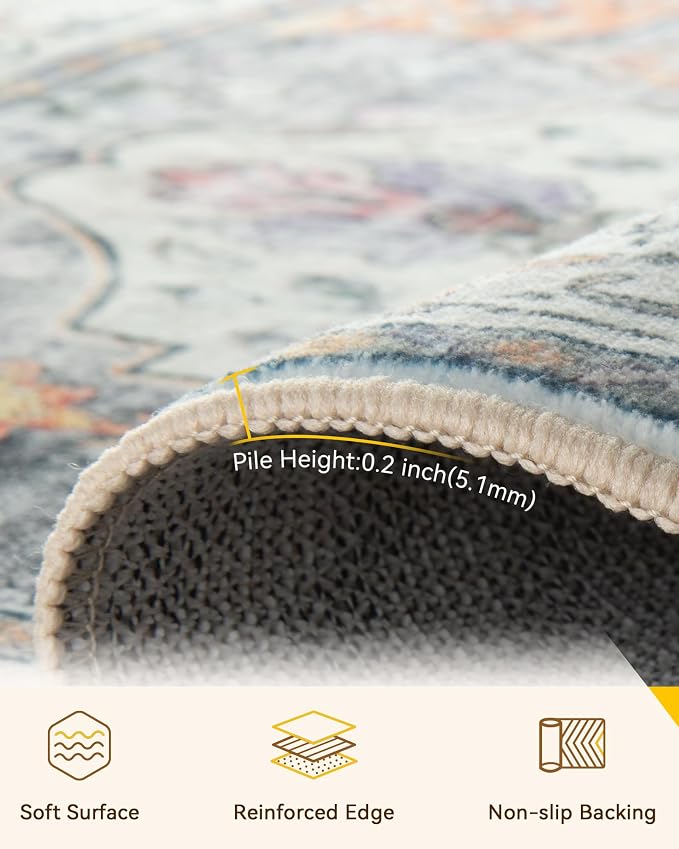 RELEANY Area Rugs Square 10ft Washable Non-Slip, Floral Vintage Distress Medallion Carpet for Living Room Bedroom Dining Room, Beige Carbon Grey Orange