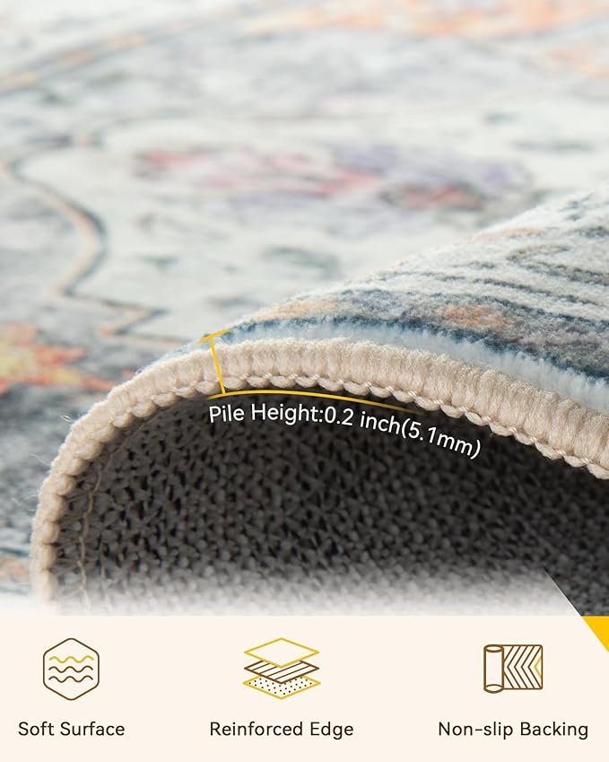 RELEANY Area Rugs Runner 2'x8' Washable Non-Slip, Floral Vintage Distress Medallion Carpet for Kitchen Hallway Bedroom Beside Laundry Room Bathroom, Beige Carbon Grey Orange